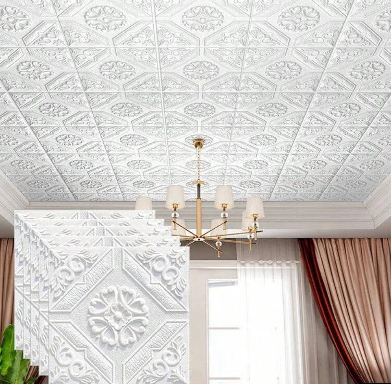 20/50 pcs 3D Floral Ceiling Tiles Self-Adhesive Wall Stickers 13.78x13.78 Inches